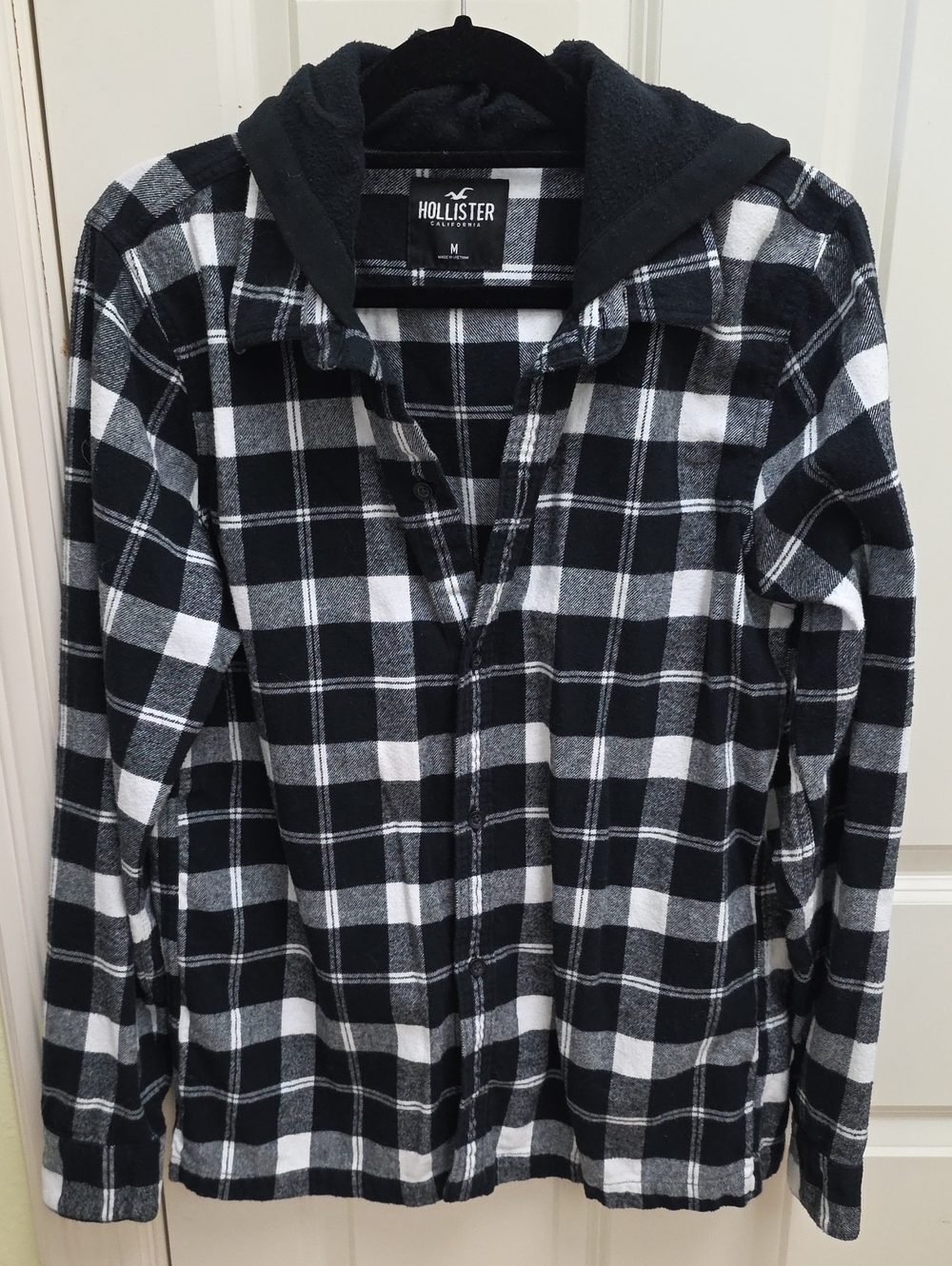 Hollister Black & White Plaid Hooded Button-Down Shirt